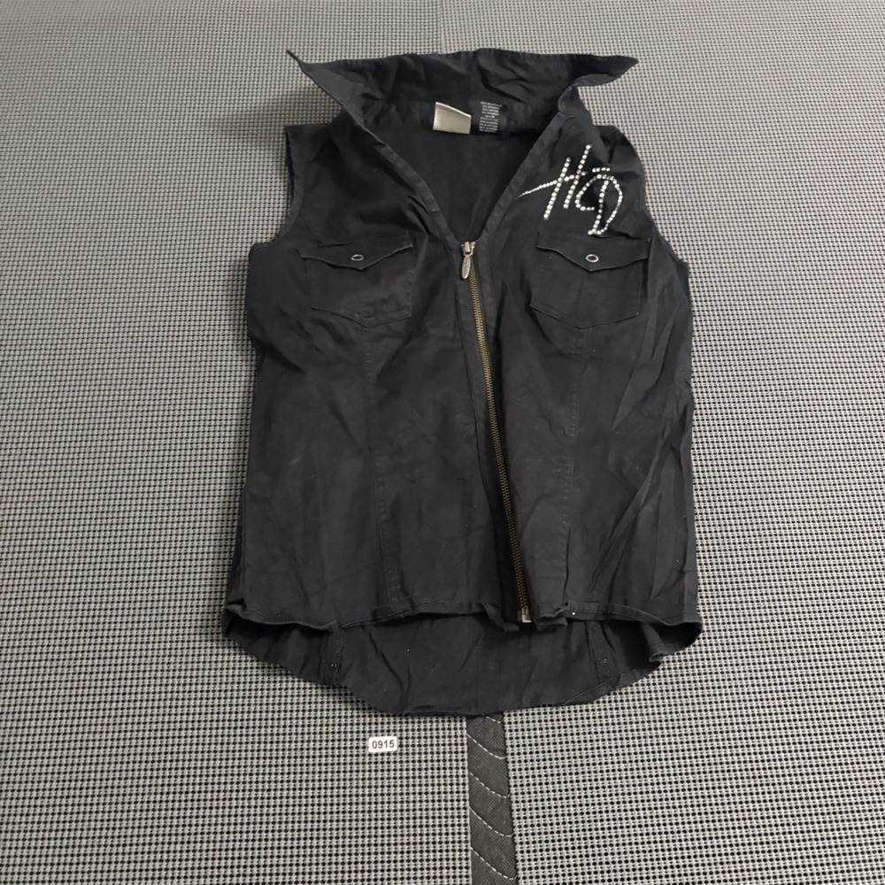 Harley‎ Davidson Womens Black Rhinestone Logo Sleeveless Zip Up Shirt Vest